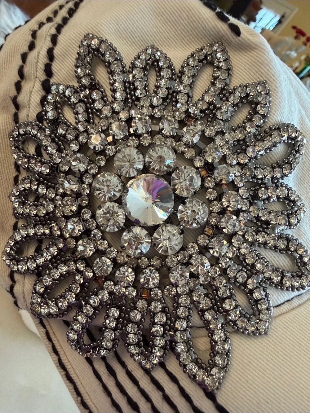 OLIVE & PIQUE Embellished Crystal Flower Baseball Cap - White